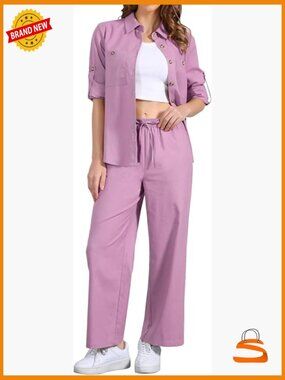 2 Piece Linen Pant Set Button Down Shirt Wide Leg Summer Lounge Outfit